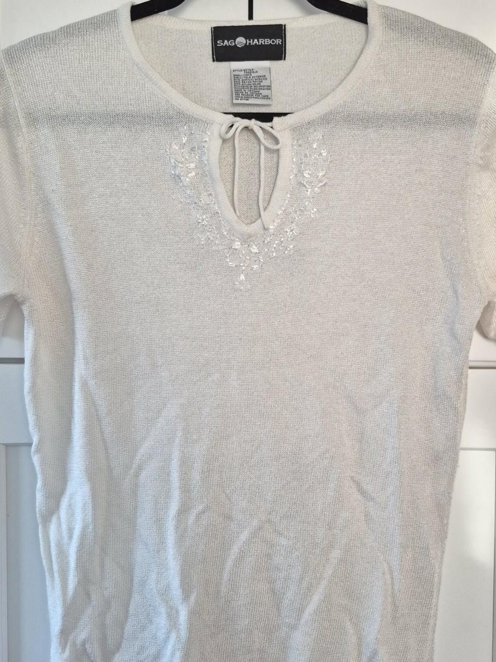 Sag Harbor Cream Short Sleeve Knit Top with Sequin Detail